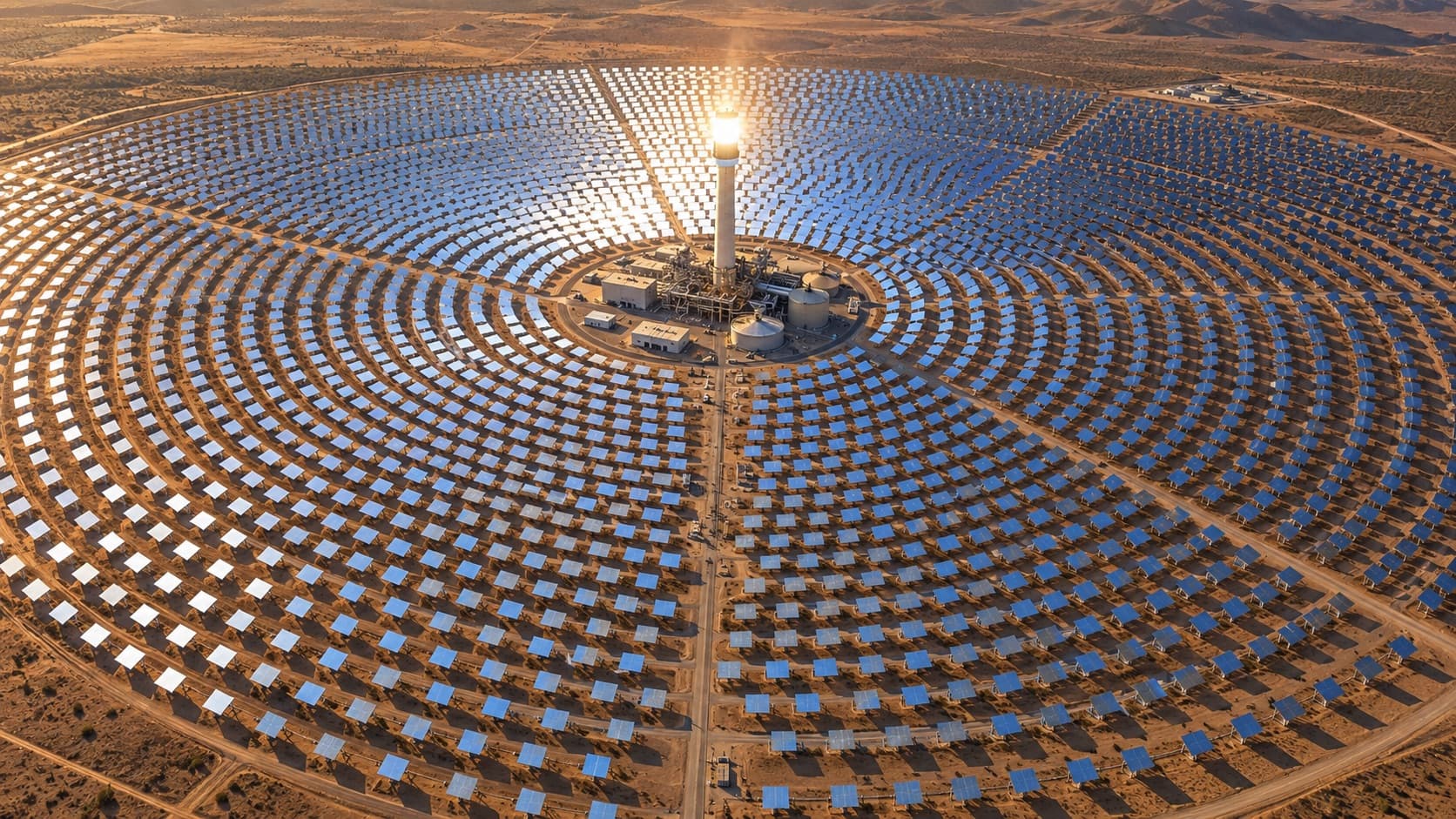Aerial view of a concentrated solar power plant: rings of heliostats around a glowing central tower.
