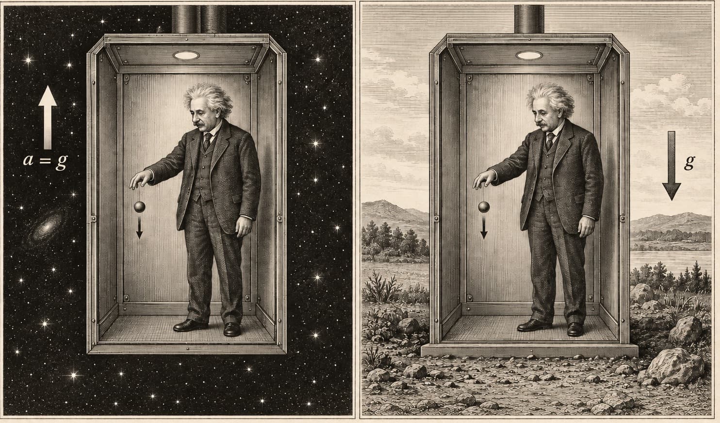 Two-panel engraving of Einstein in an elevator cabin: accelerating in space on the left, at rest on Earth on the right, a dropped ball falling identically in both.